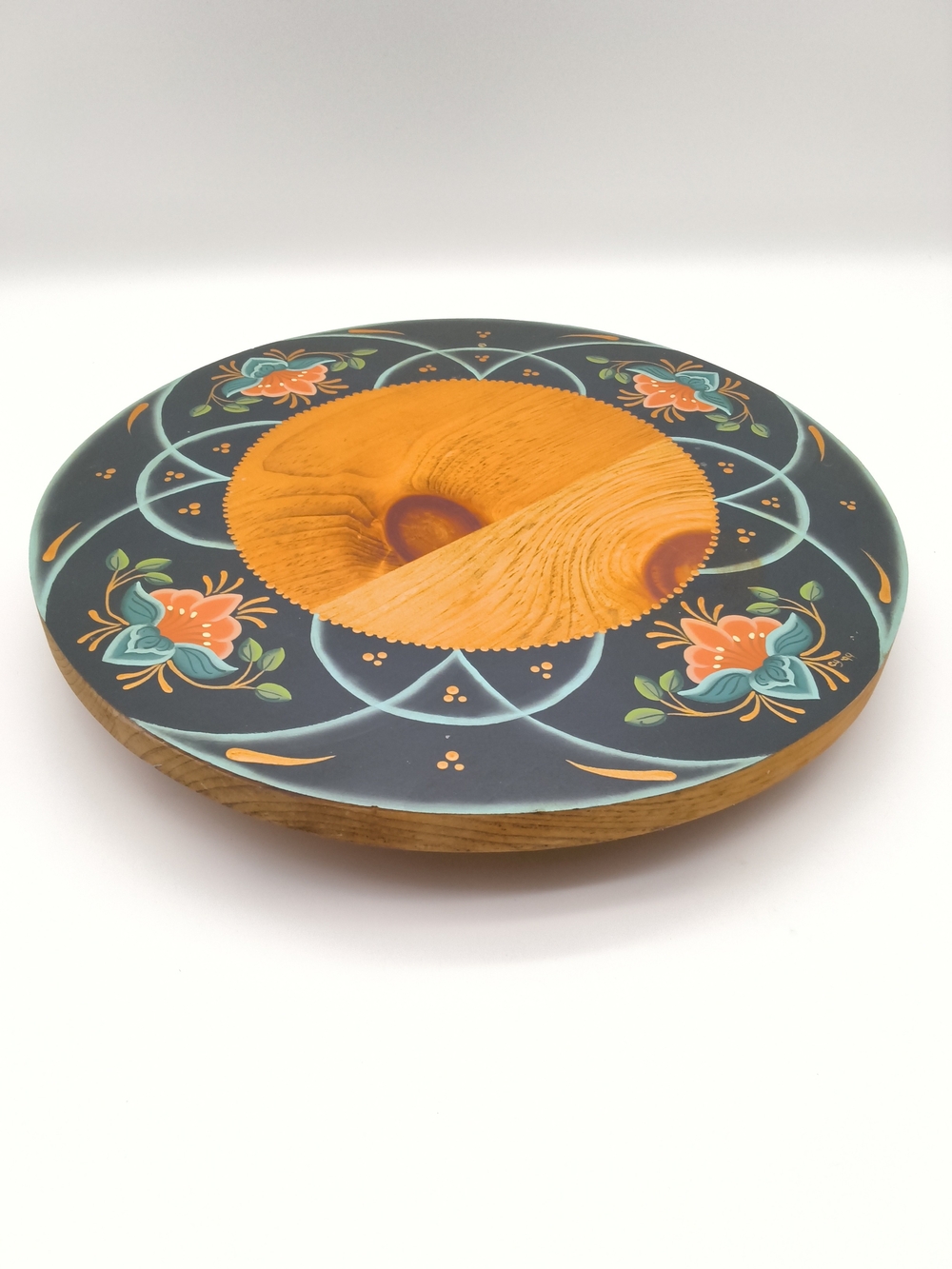 Vintage Scandinavian Style Tole Painted Wood Lazy Susan Folk Art